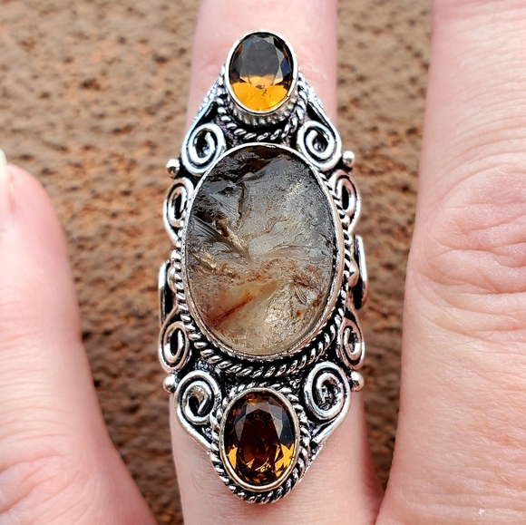 New Rough Golden Rutile and Citrine 925 Silver Statement Ring. - Picture 2 of 14
